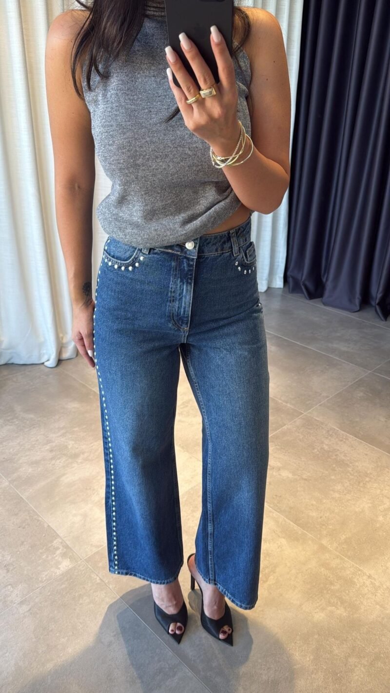Classic Jean Color Stud Detailed High Waist Palazzo Denim Trousers