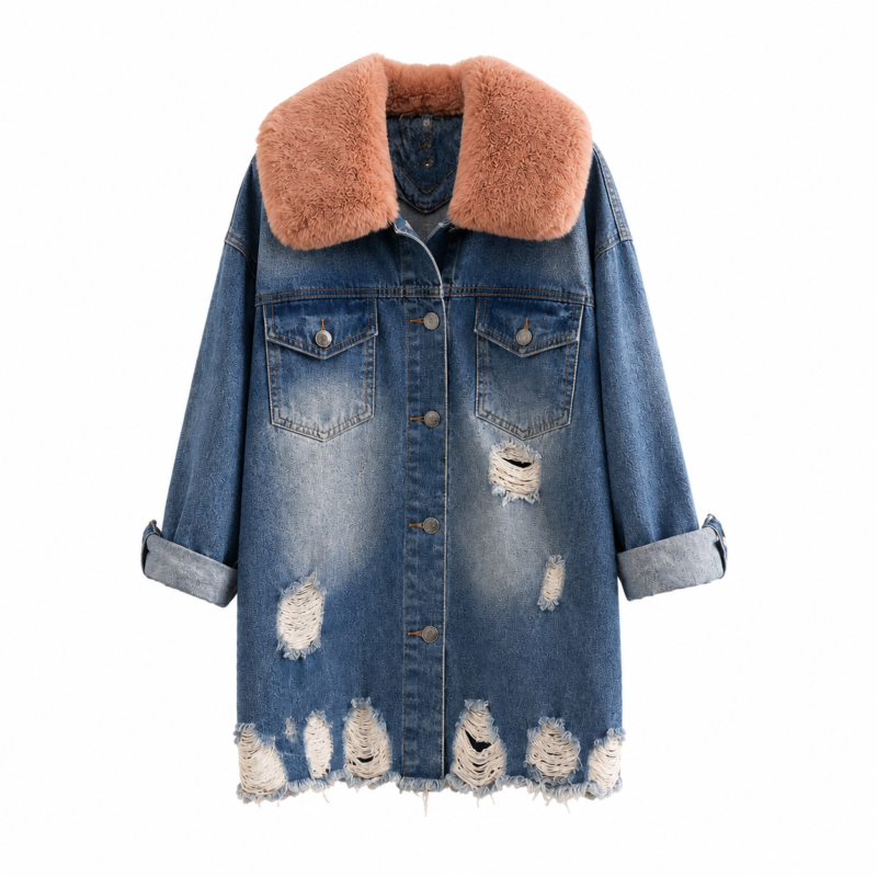 Distressed Denim Jacket with Fur Collar