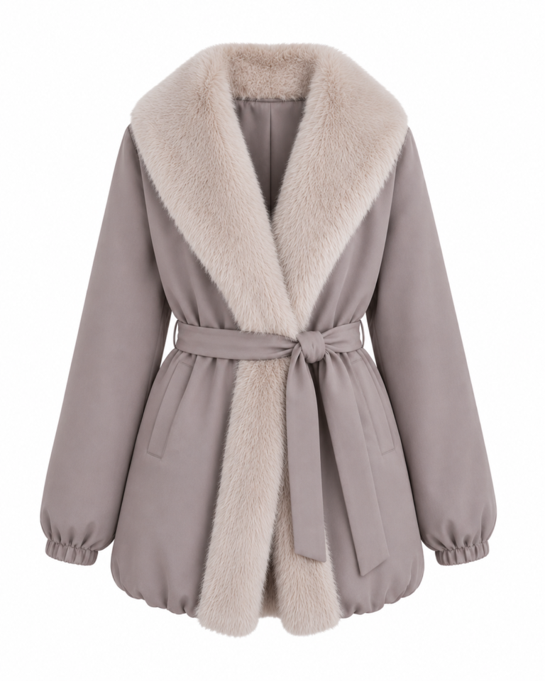 BUFF COLLAR COAT WITH FUR BELT