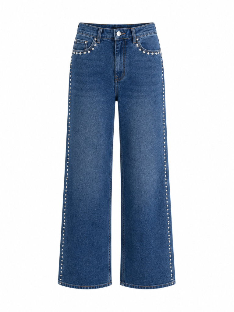 Classic Jean Color Stud Detailed High Waist Palazzo Denim Trousers