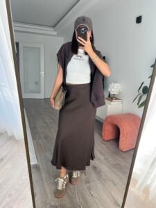 Brown Self-Striped Satin Skirt