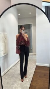 HIGH-WAISTED, FLARED, FLAG-LEGGED TROUSERS