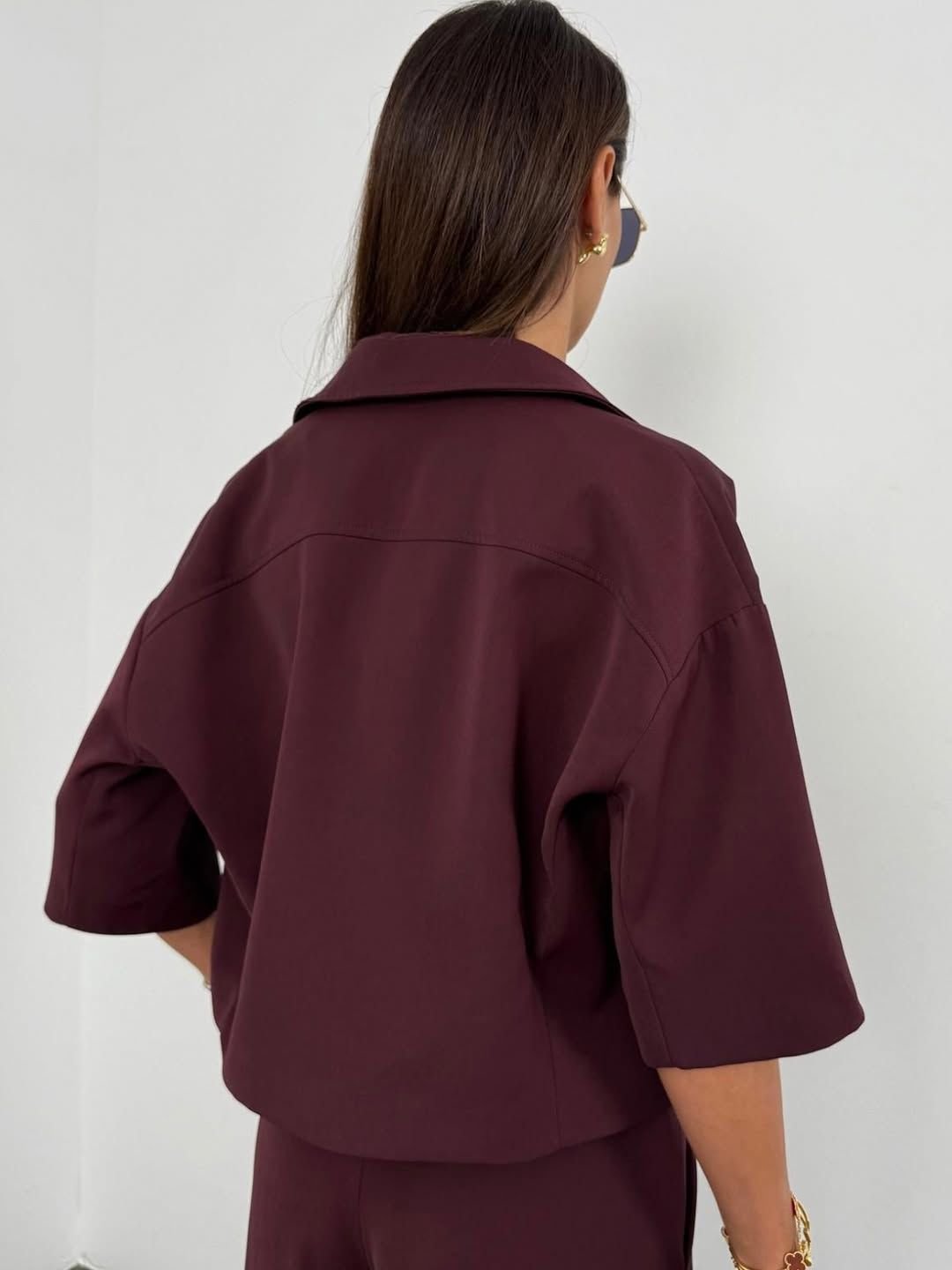 Burgundy Crepe Flowy Palazzo Trousers Set - Image 6