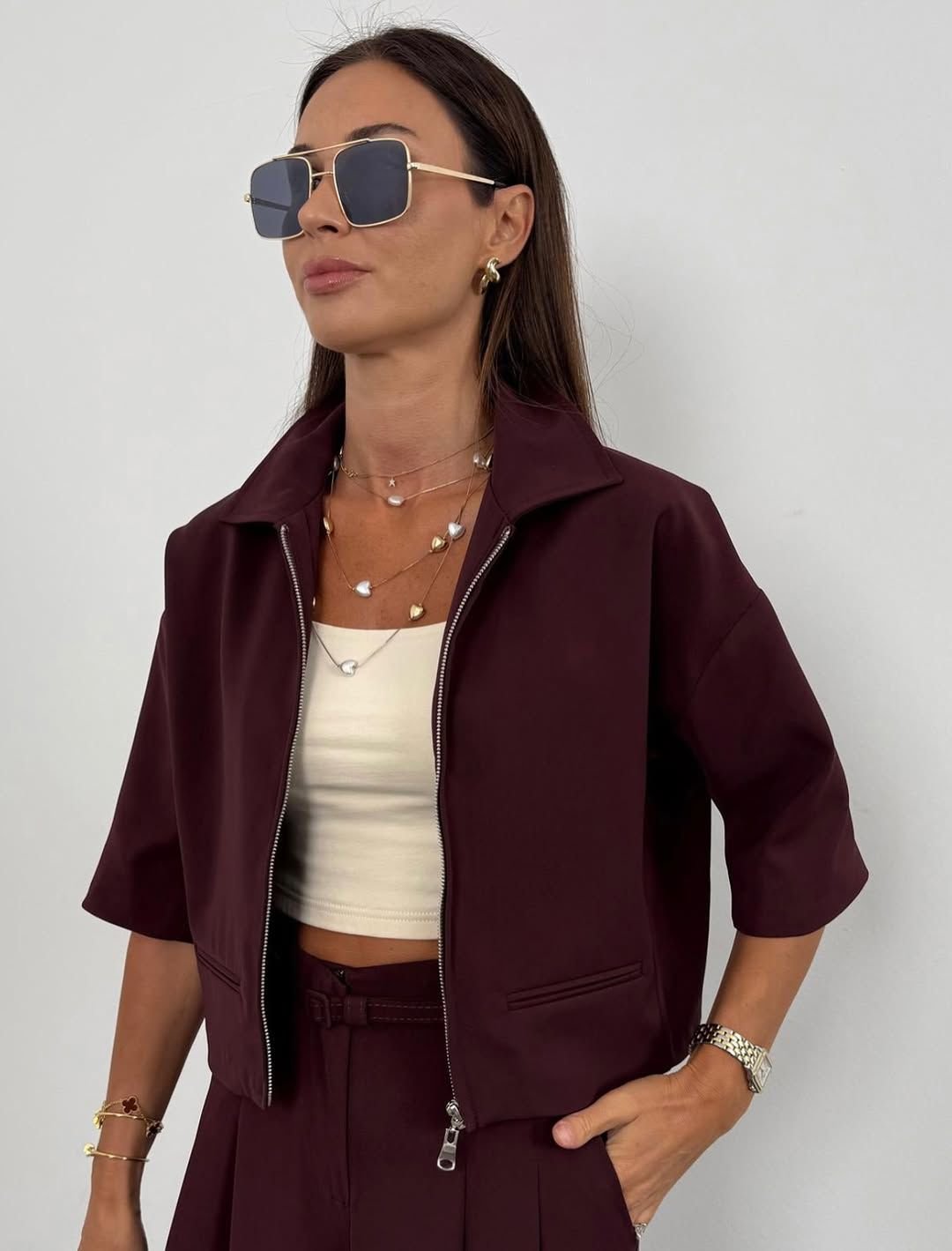 Burgundy Crepe Flowy Palazzo Trousers Set - Image 5