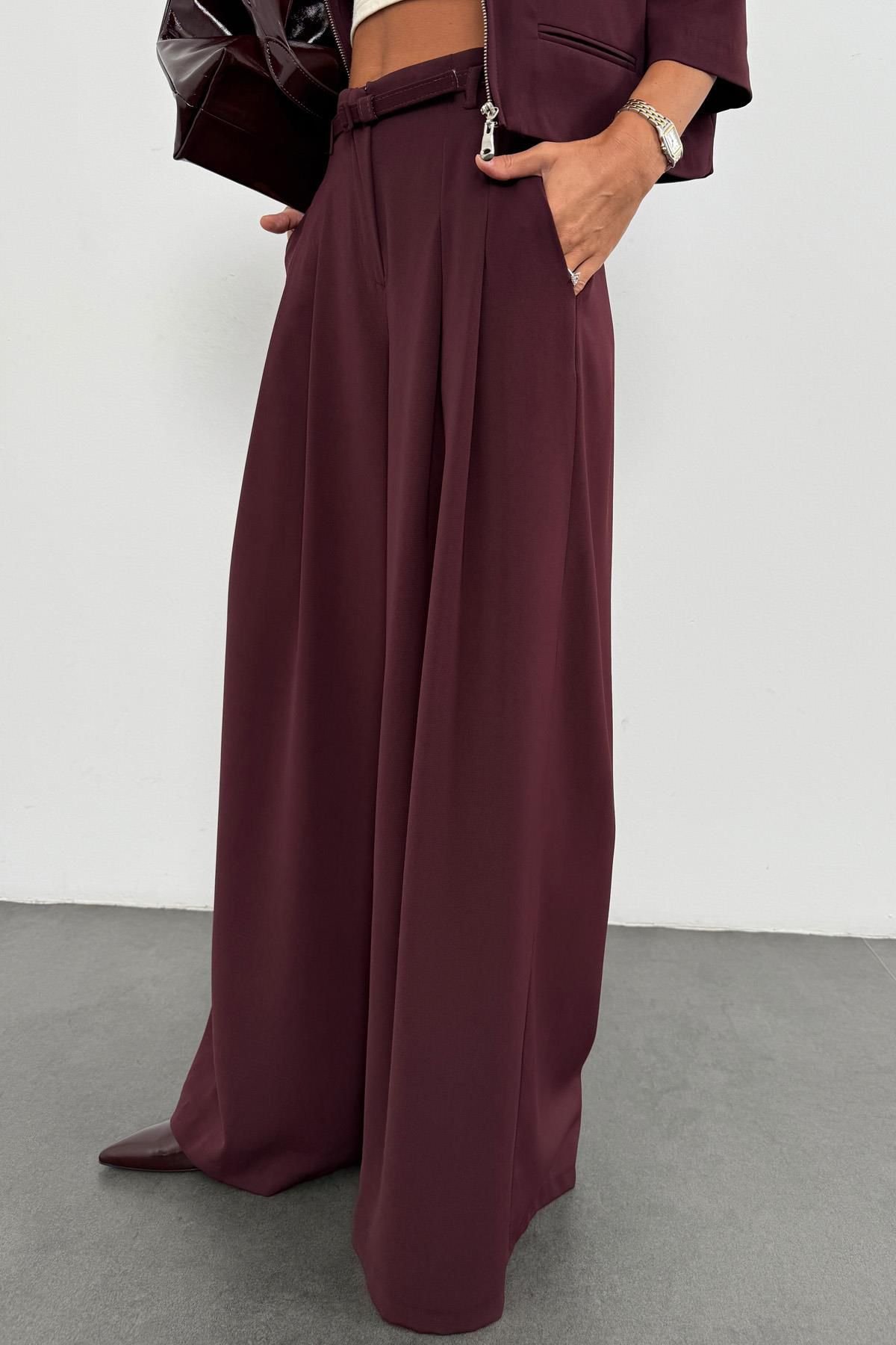 Burgundy Crepe Flowy Palazzo Trousers Set - Image 4