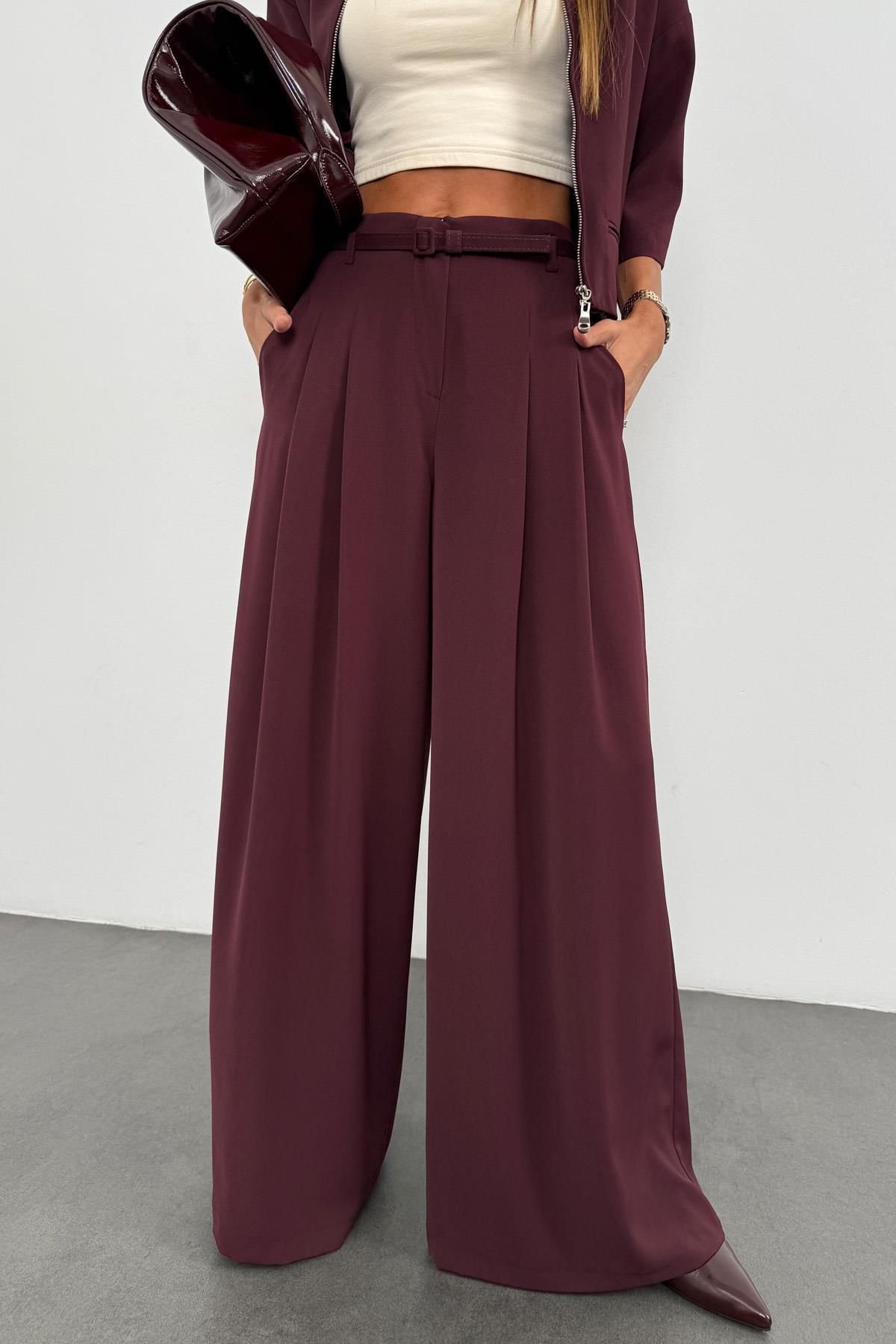 Burgundy Crepe Flowy Palazzo Trousers Set - Image 3