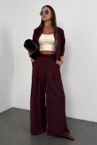 Burgundy Crepe Flowy Palazzo Trousers Set