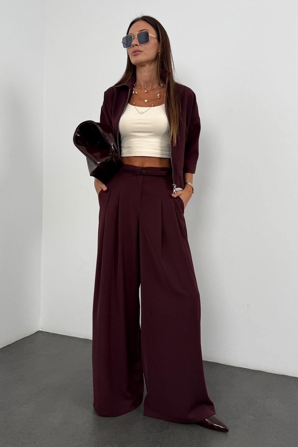 Burgundy Crepe Flowy Palazzo Trousers Set