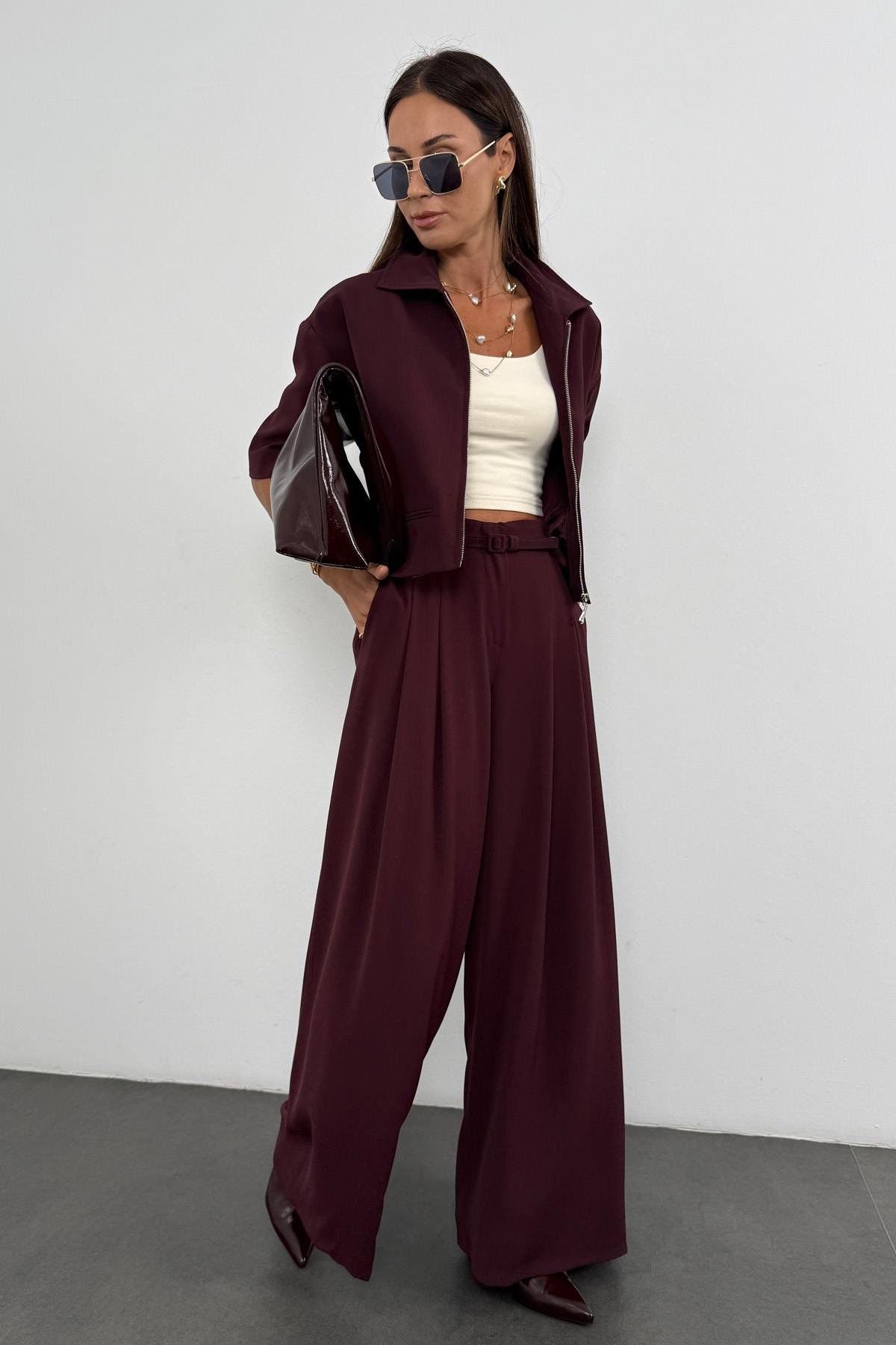 Burgundy Crepe Flowy Palazzo Trousers Set - Image 7