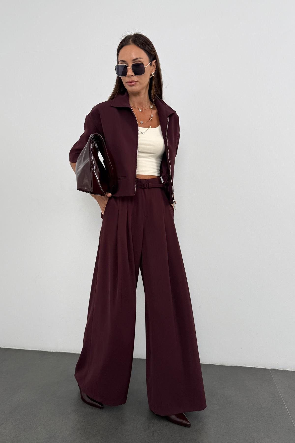 Burgundy Crepe Flowy Palazzo Trousers Set - Image 2