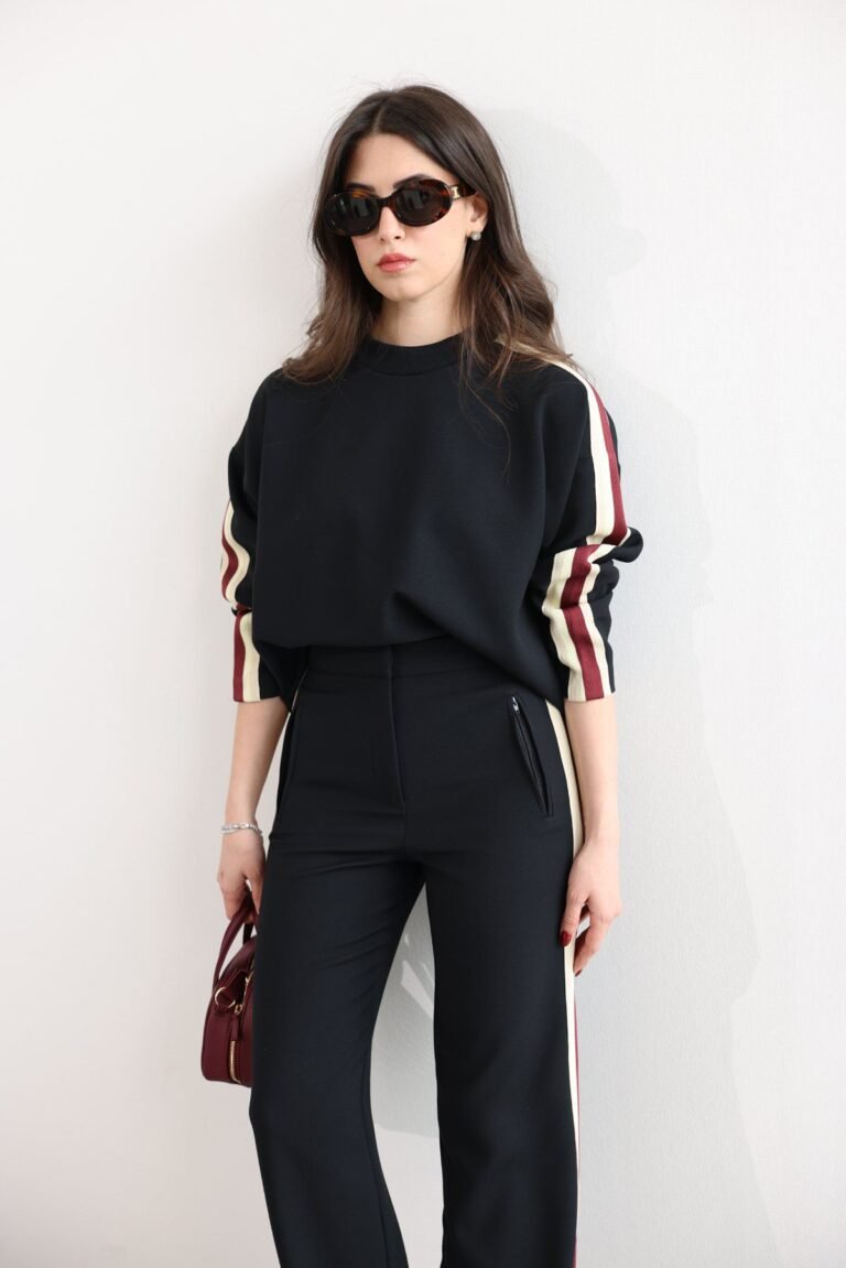 Capri Sleeve Striped Blouse Trouser Set