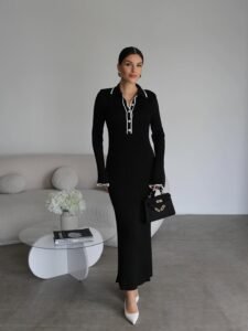 Polo Collar Button Detailed Maxi Long Length Premium Knit Dress
