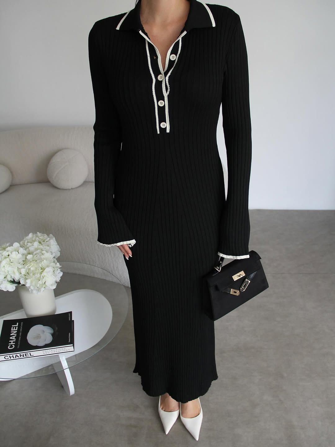 Polo Collar Button Detailed Maxi Long Length Premium Knit Dress - Image 3