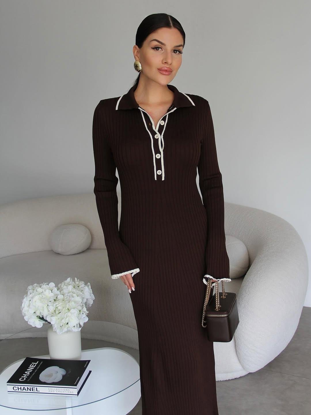 Polo Collar Button Detailed Maxi Long Length Premium Knit Dress - Image 6
