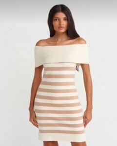 Bardot Collar Striped Knit Dress