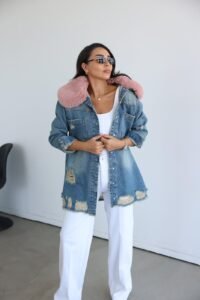 Distressed Denim Jacket with Fur Collar