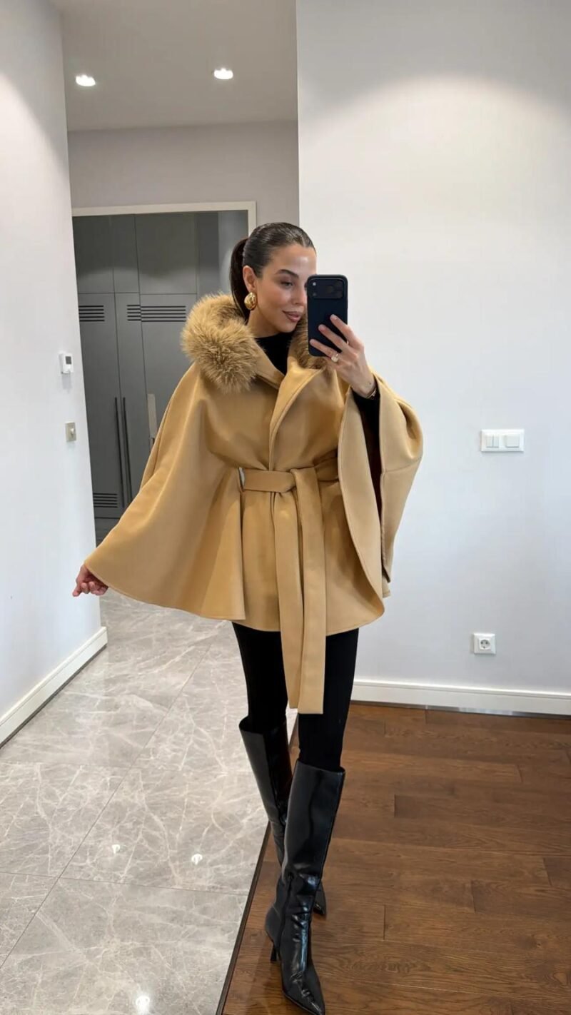 FUR DETAILED BELTED CACHET PONCHO