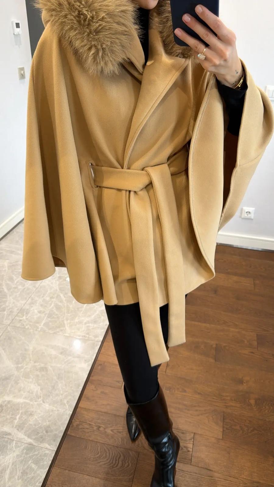 FUR DETAILED BELTED CACHET PONCHO - Image 3