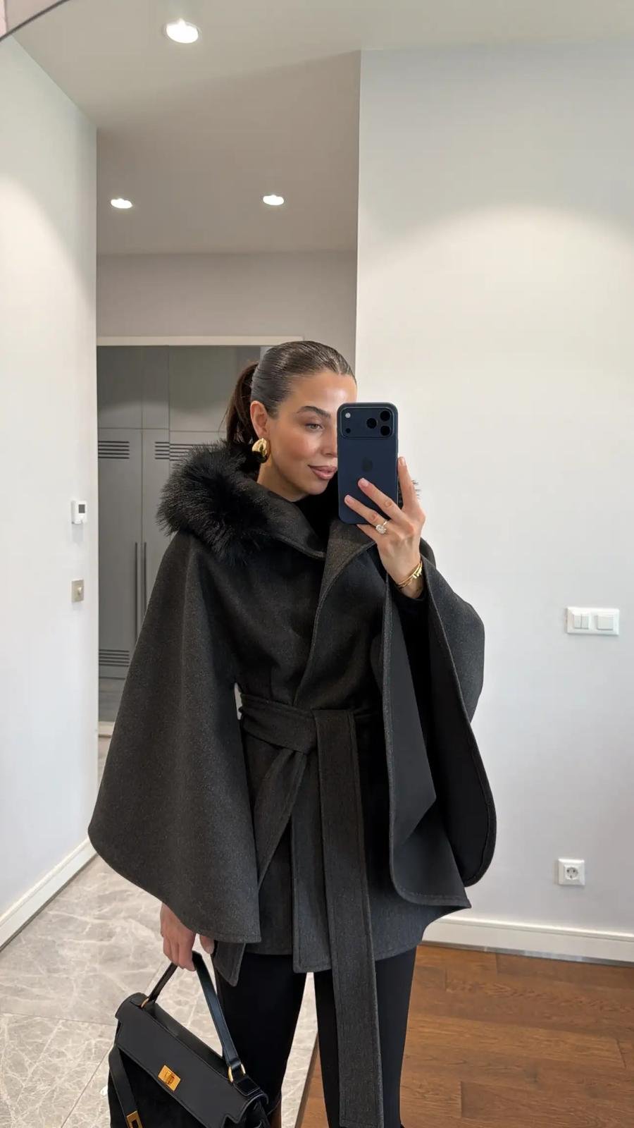 FUR DETAILED BELTED CACHET PONCHO - Image 6