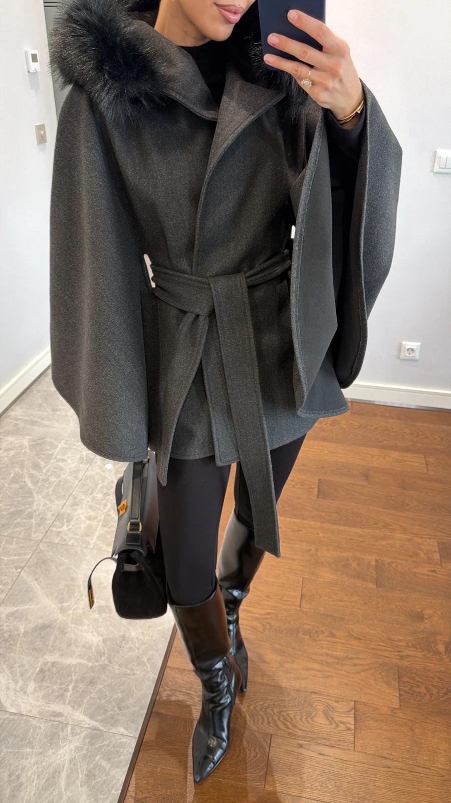 FUR DETAILED BELTED CACHET PONCHO - Image 7