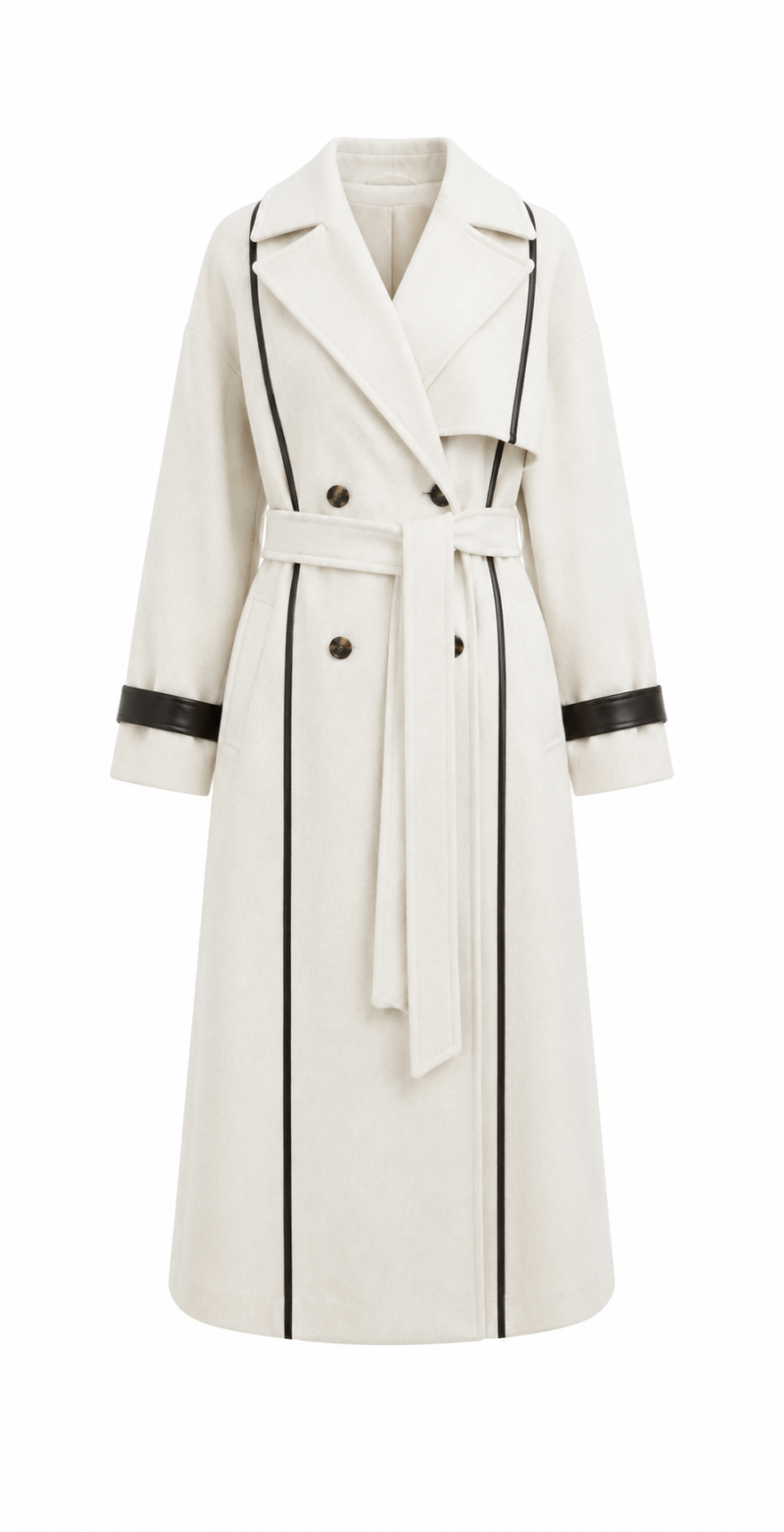 Beige Leather Striped Belted Herringbone Long Coat
