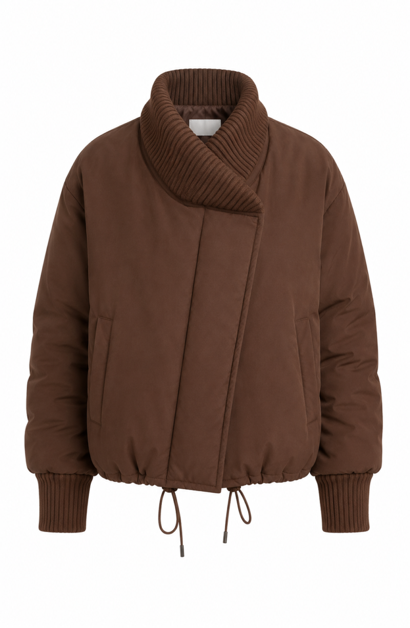 Brown Elastic Waist and String Bomber Puffer Jacket