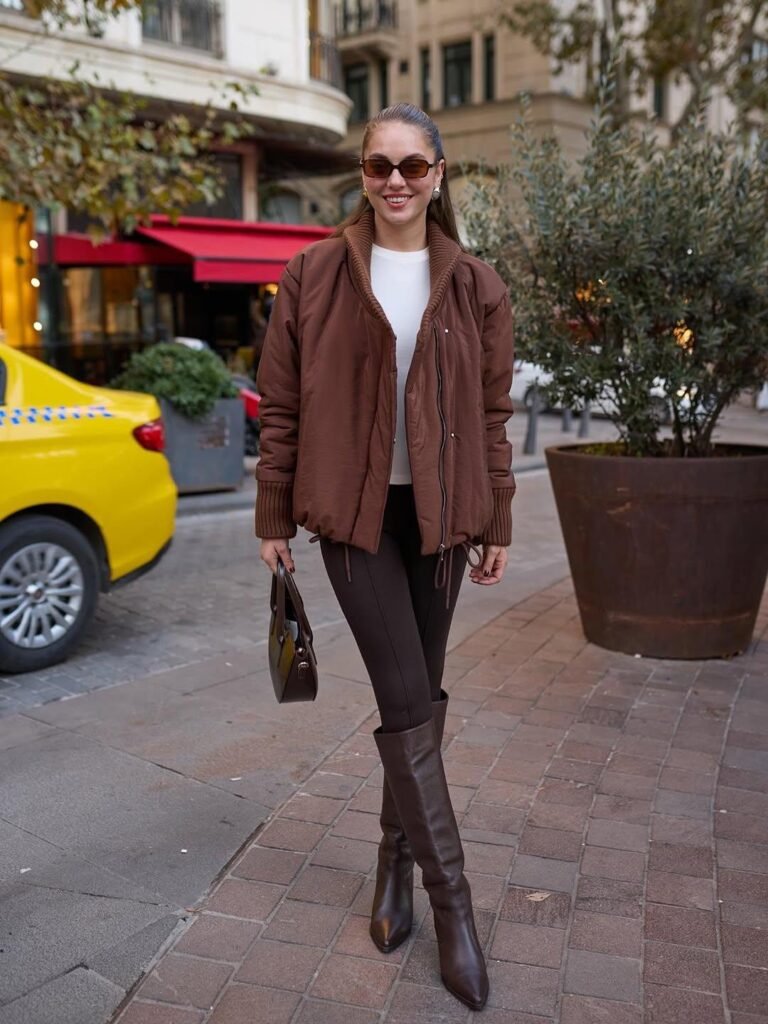 Brown Elastic Waist and String Bomber Puffer Jacket