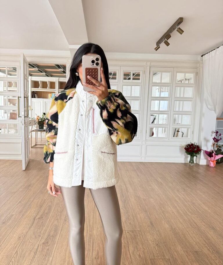 Plush Coat with Black Patterned Sleeves