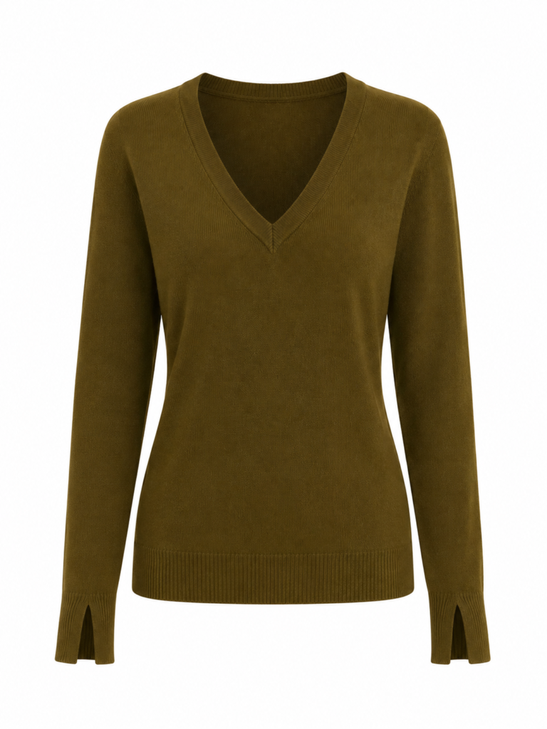 Dilvin Sweater with V-Neck and Slit Sleeves