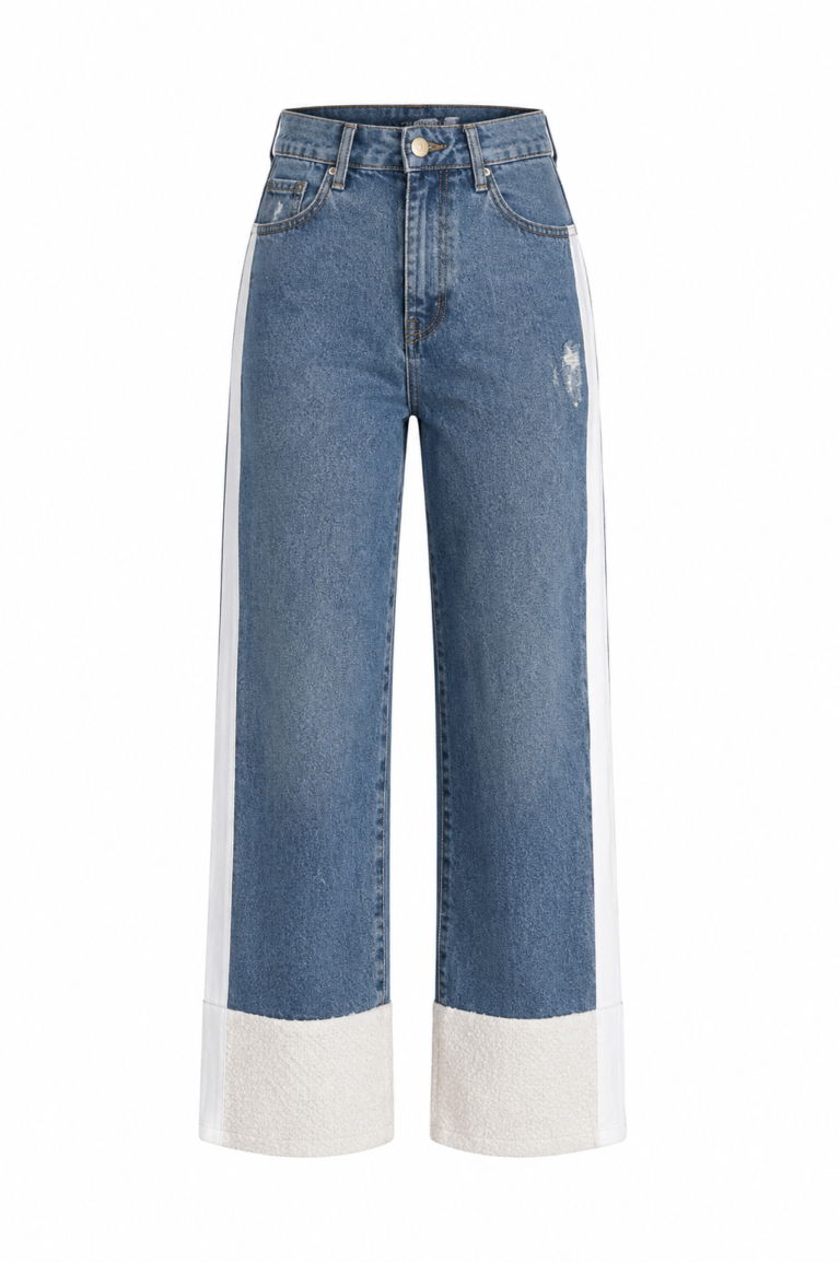 BLUE JEANS WITH PLUSH DETAILED DESIGN ON THE LEG