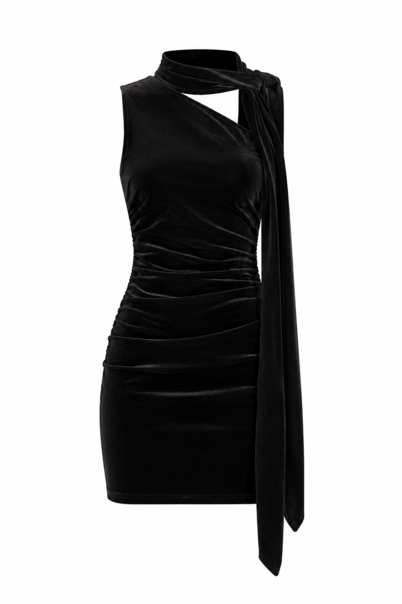 BLACK SCARF VELVET DRESS