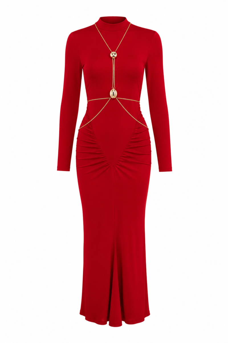 Red Accessory Detail Designer Dress