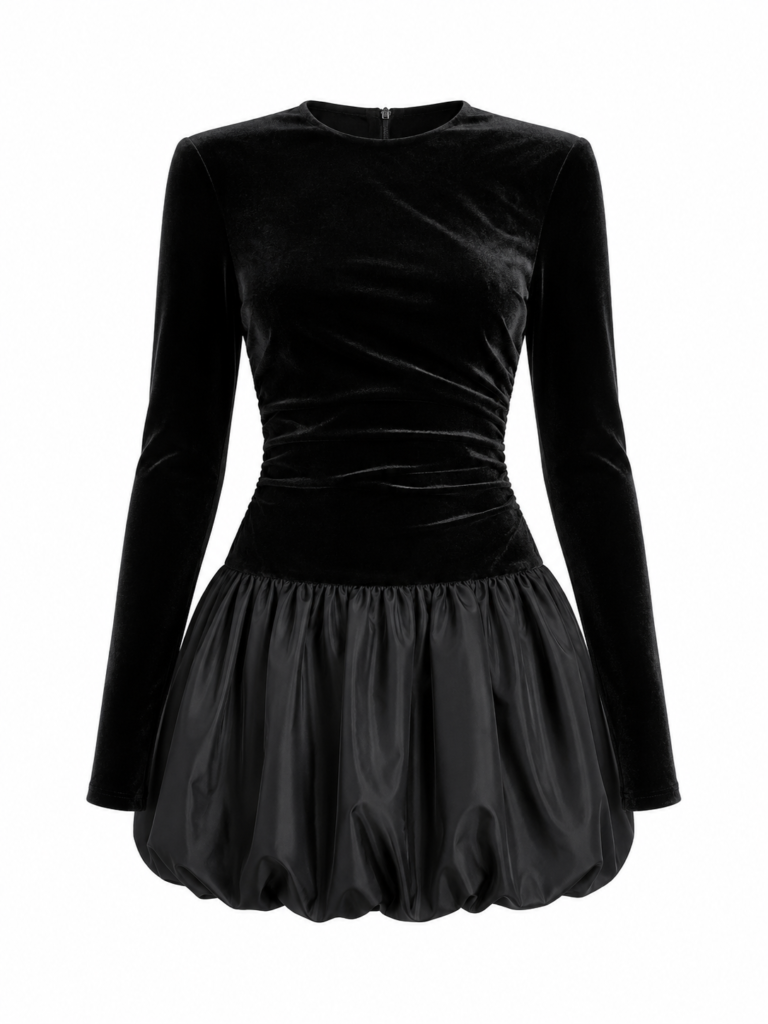 Black Puffball Velvet Mini Dress
