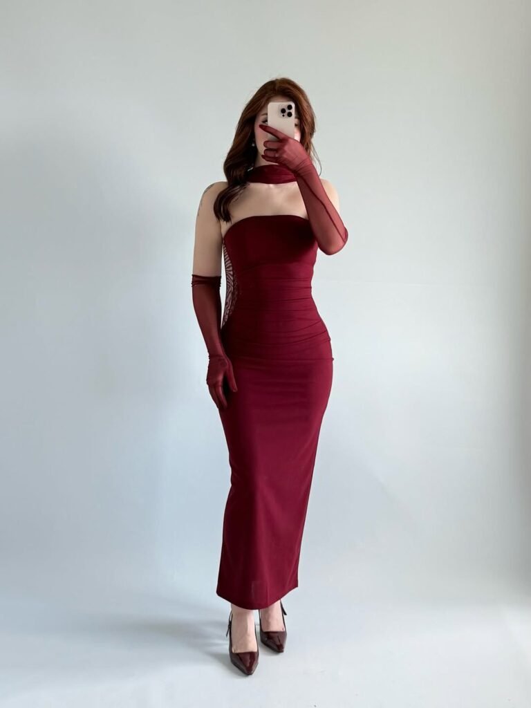 Karen Tulle Gloves and Scarf Dress Burgundy