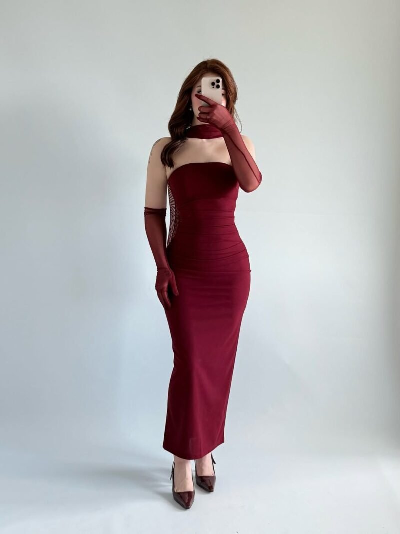 Karen Tulle Gloves and Scarf Dress Burgundy