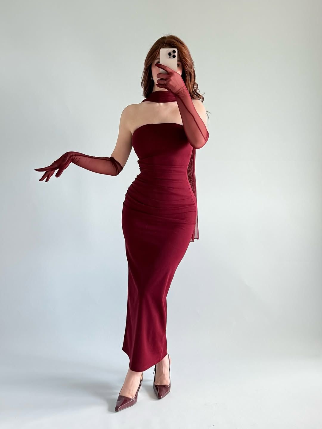 Karen Tulle Gloves and Scarf Dress Burgundy - Image 2