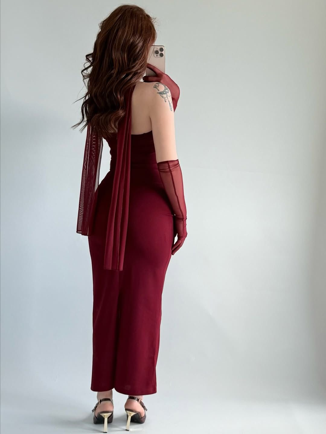 Karen Tulle Gloves and Scarf Dress Burgundy - Image 3