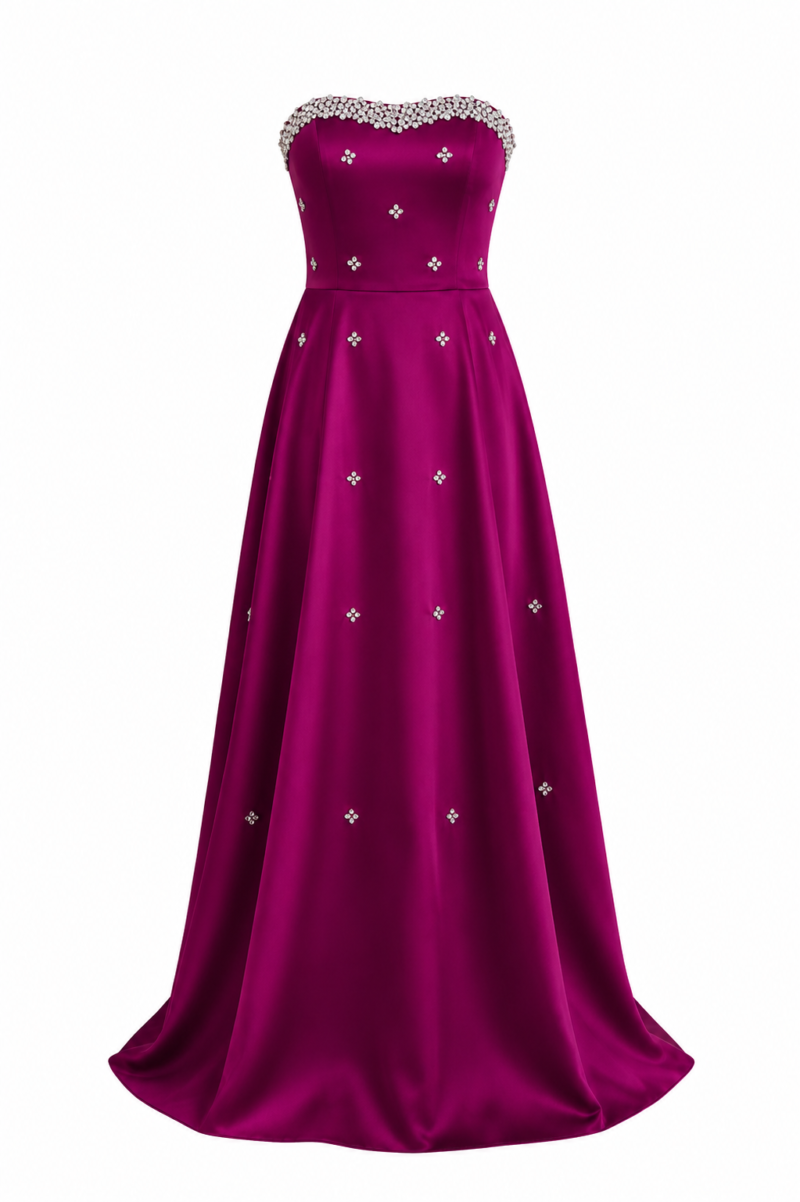 Strapless Gown with Stone Detailing - Burgundy