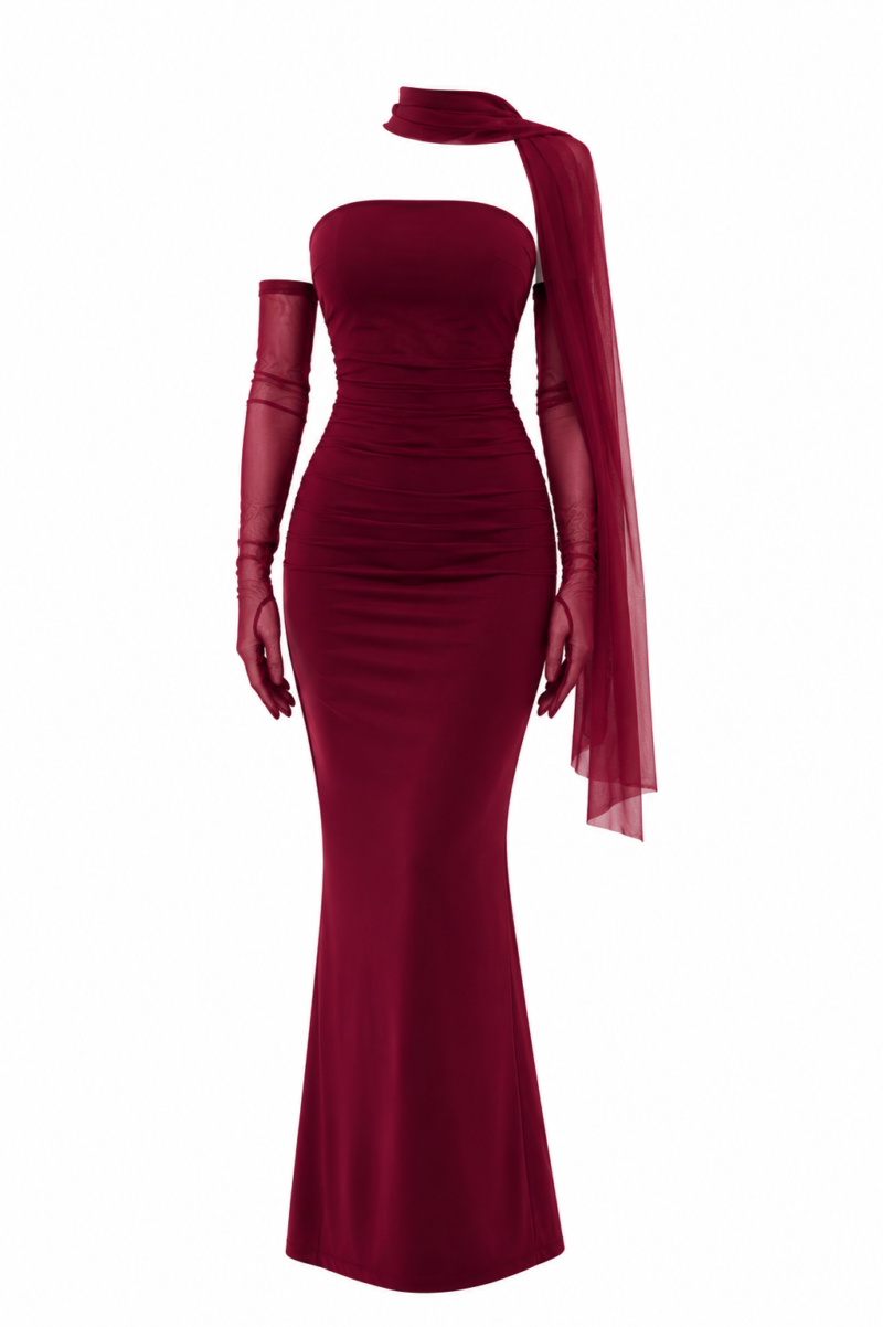 Karen Tulle Gloves and Scarf Dress Burgundy