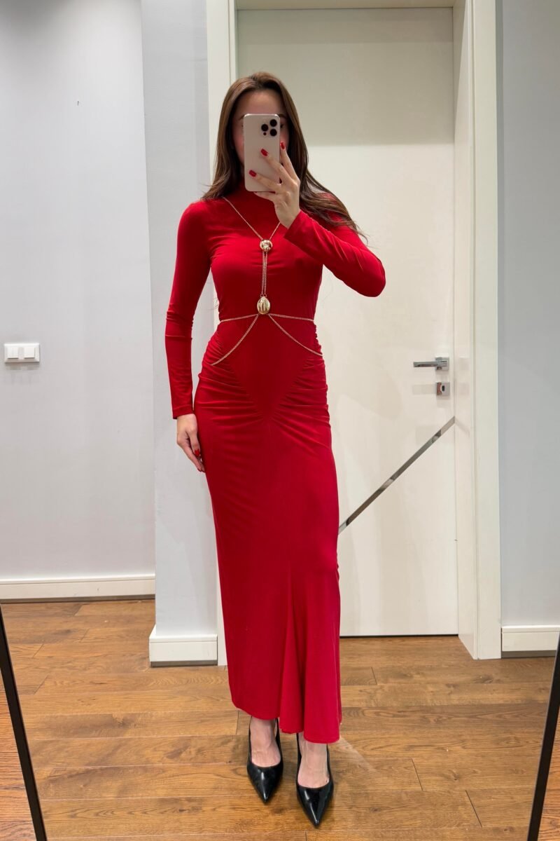 Red Accessory Detail Designer Dress