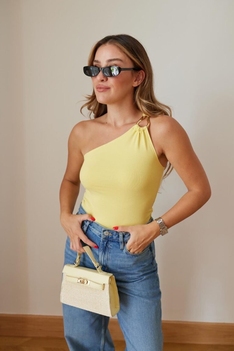Yellow One-Shoulder Blouse with Accessories