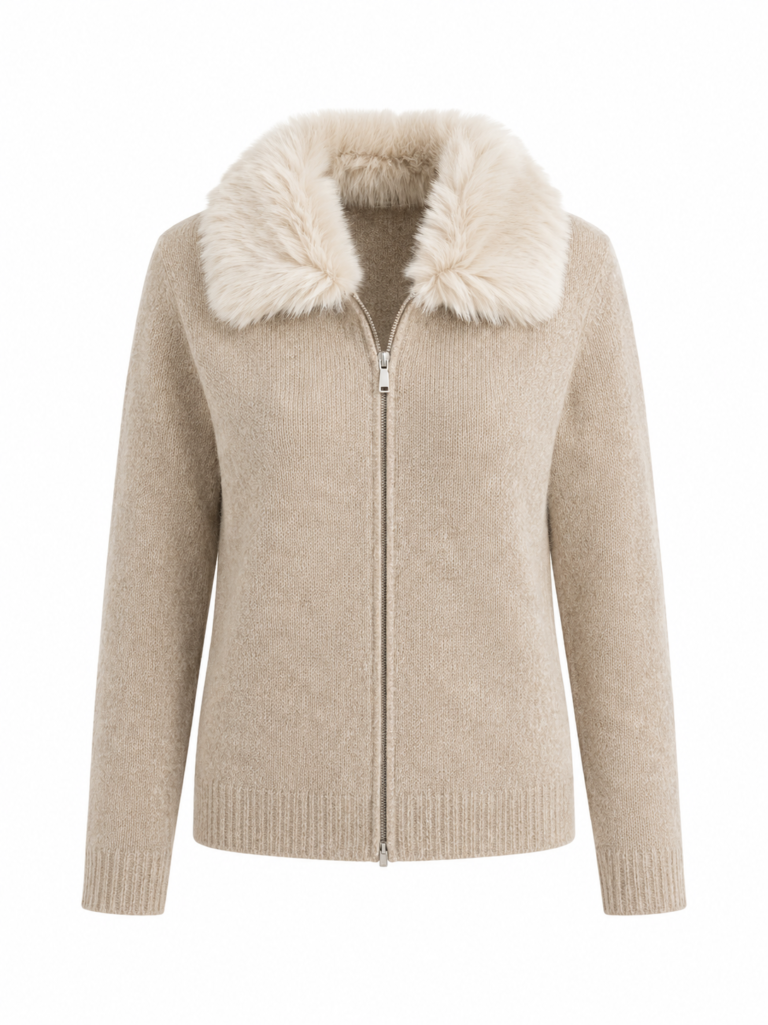 Beige Knitted Cardigan with Fur Collar