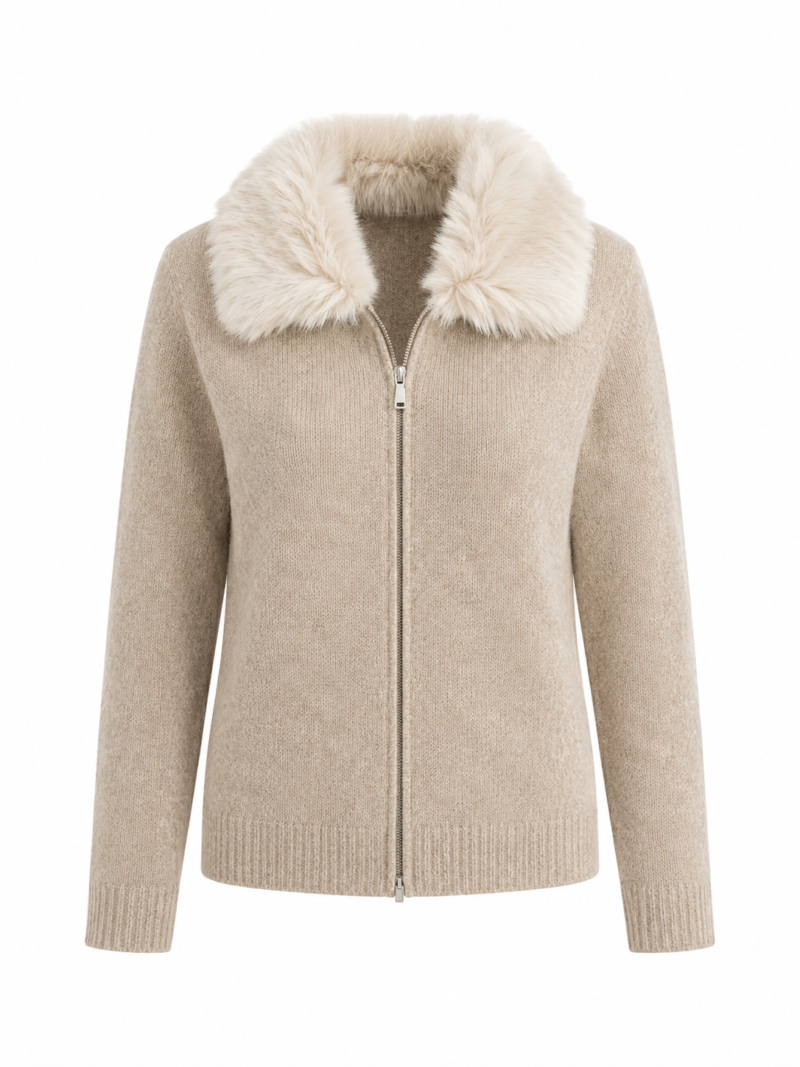 Beige Knitted Cardigan with Fur Collar