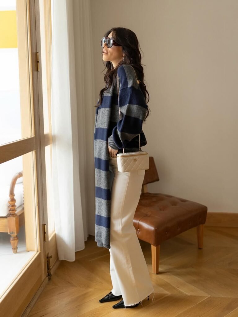 Grey-Navy Striped Cardigan with Shawl Detail and Puff Sleeves