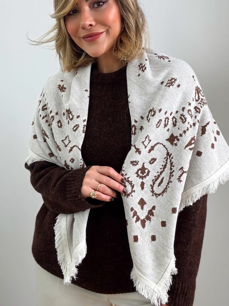 Beige Square Scarf with Brown Ethnic Pattern