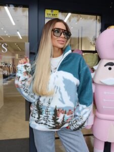 Petrol Green Half-Zip Patterned Women's Sweatshirt