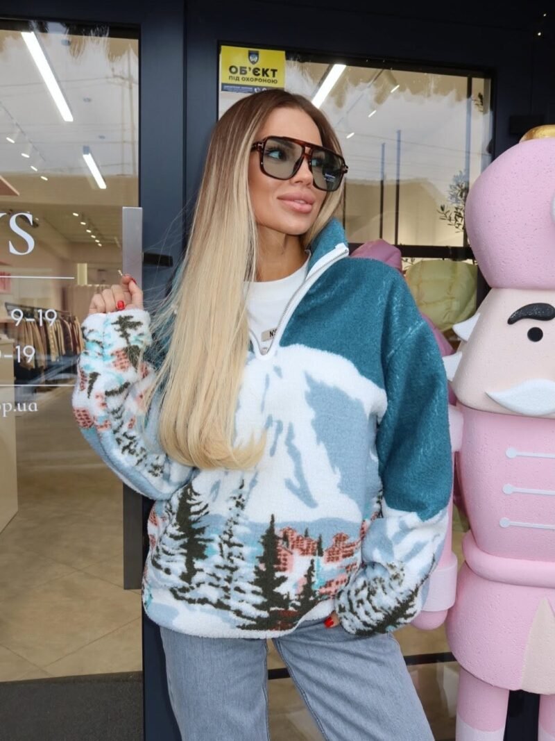 Petrol Green Half-Zip Patterned Women's Sweatshirt