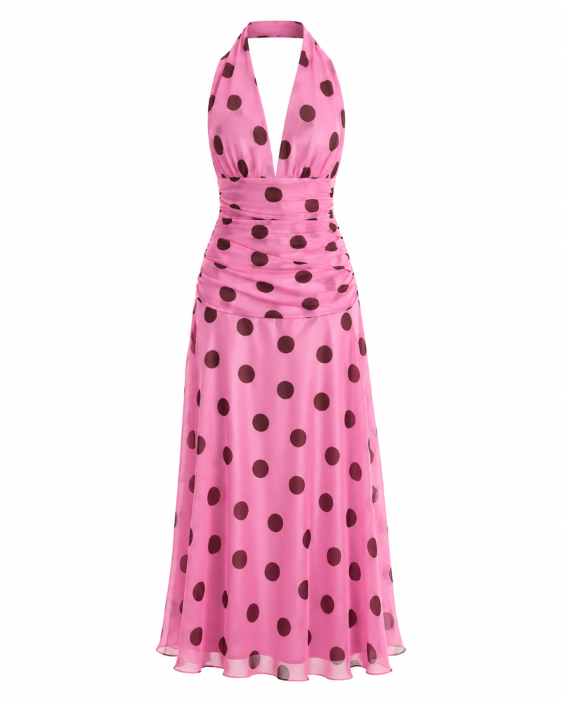 Pink Halter Neck Dress with Waist Detail and Large Polka Dots