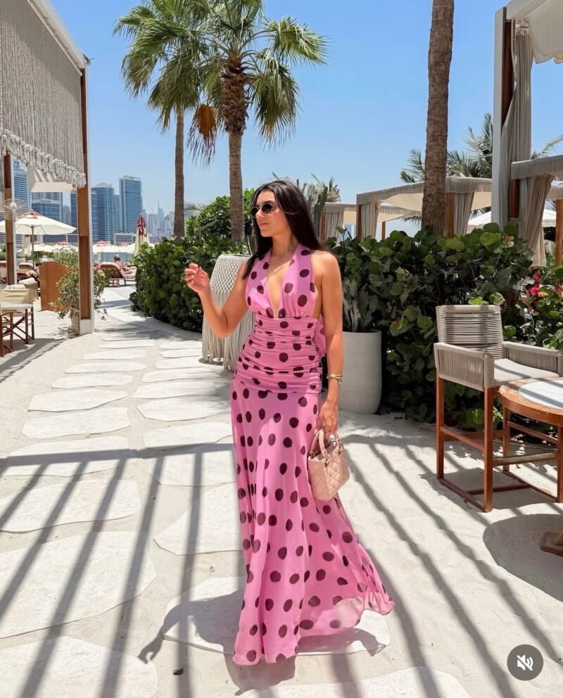 Pink Halter Neck Dress with Waist Detail and Large Polka Dots