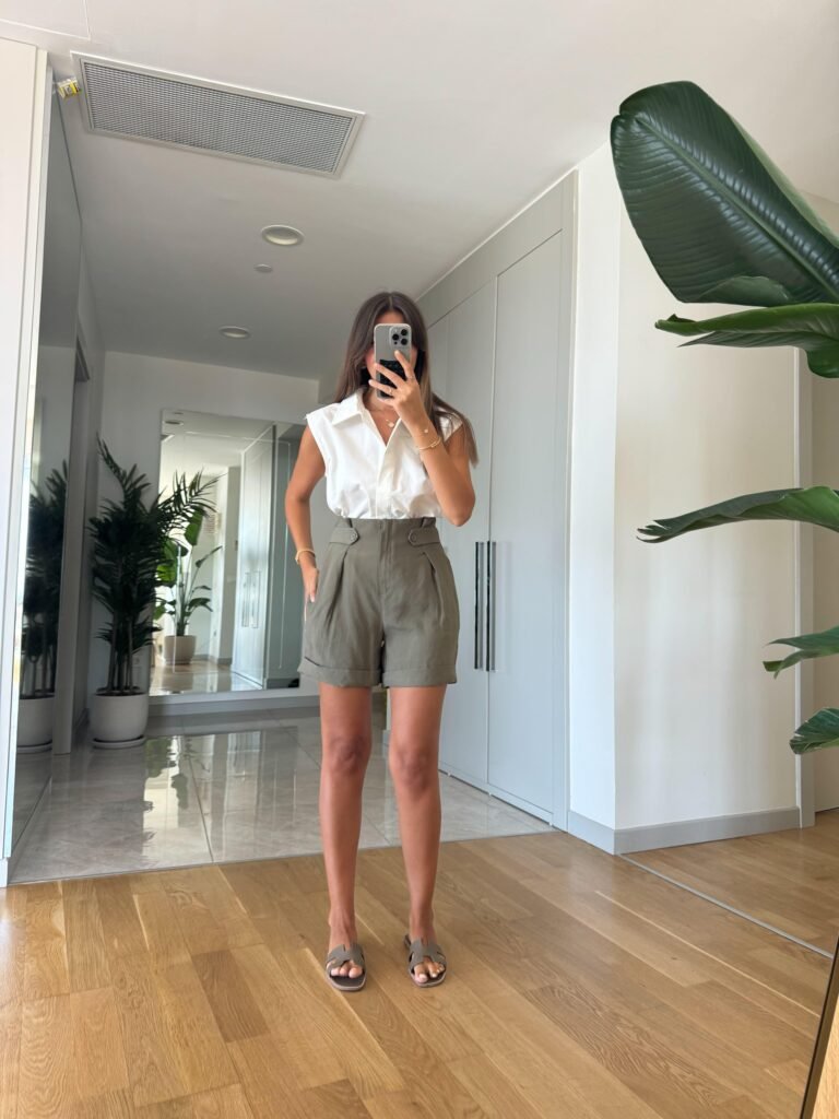 Tencel Shorts with Button Detail Waist - Khaki
